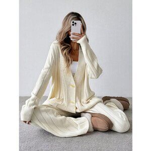 2pcs Women Sbutton down Long Sleeve Cardigan & Knitted Pants Set
